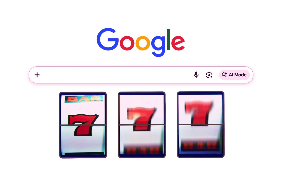 Google search page with a search bar featuring an "AI Mode" button on the right. Below the search bar, there are three slot machine reels, each displaying a red number 7, with the middle and right reels slightly blurred as if in motion.