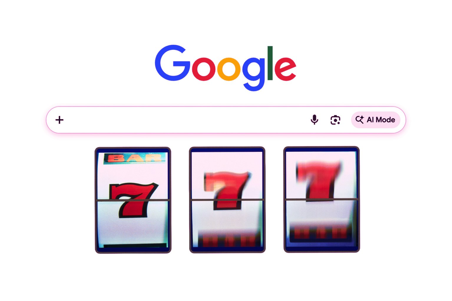 Google search page with a search bar featuring an "AI Mode" button on the right. Below the search bar, there are three slot machine reels, each displaying a red number 7, with the middle and right reels slightly blurred as if in motion.