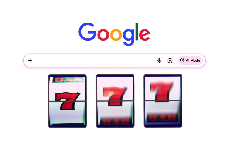 Google search page with a search bar featuring an "AI Mode" button on the right. Below the search bar, there are three slot machine reels, each displaying a red number 7, with the middle and right reels slightly blurred as if in motion.
