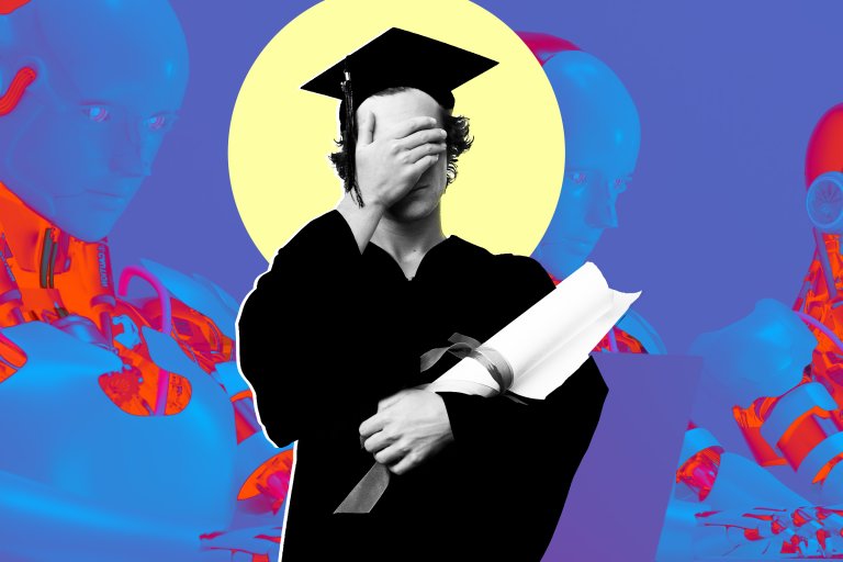 A person wearing a black graduation gown and cap is holding a diploma with a ribbon while covering their face with one hand. The background features a large yellow circle and several blue and red humanoid robots.