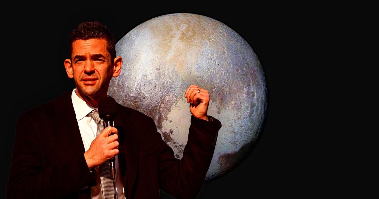 NASA administrator Jared Isaacman is shown holding a microphone and gesturing with his other hand. Behind him is a large, detailed image of the planet Pluto against a black background.
