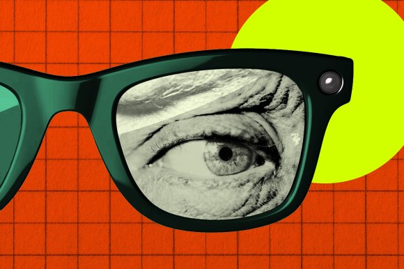Close-up of a green-framed smart glasses lens reflecting a detailed grayscale image of an eye with visible wrinkles around it. The background features an orange grid pattern with a large yellow circle partially visible behind the glasses.