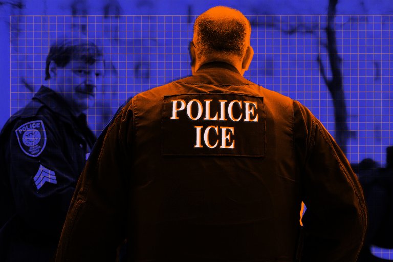 A person wearing a jacket with a large patch on the back that reads "POLICE ICE" in white letters. Another person in a police uniform with a patch on the sleeve is visible in the background. The image has a blue and orange color overlay with a grid pattern.