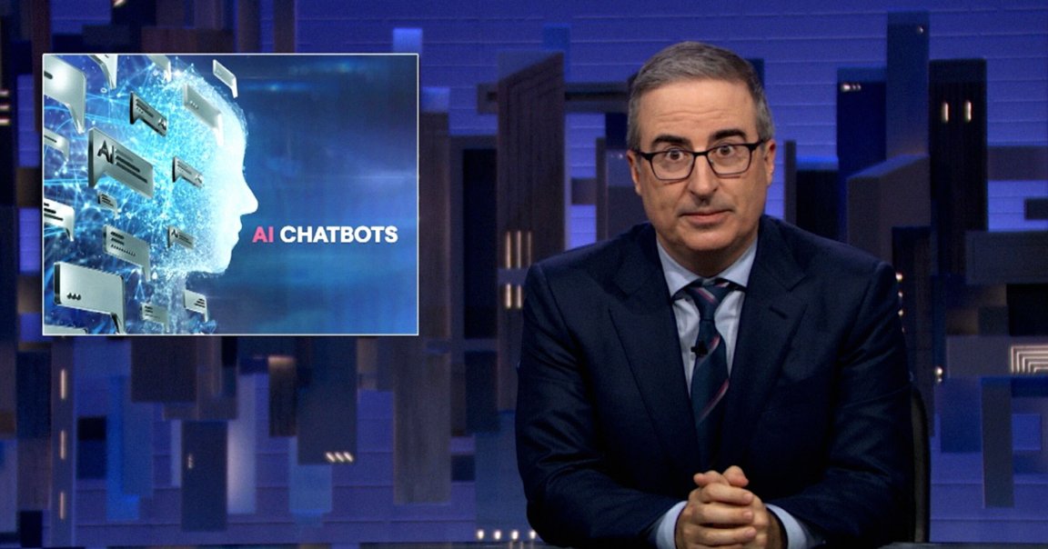 A screenshot shows John Oliver. To his left, there is a graphic showing a digital head made of blue network lines with floating chat bubbles around it and the text "AI CHATBOTS." The background features a dark blue, abstract, geometric design.