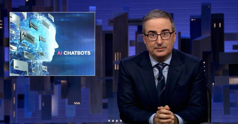 A screenshot shows John Oliver. To his left, there is a graphic showing a digital head made of blue network lines with floating chat bubbles around it and the text "AI CHATBOTS." The background features a dark blue, abstract, geometric design.