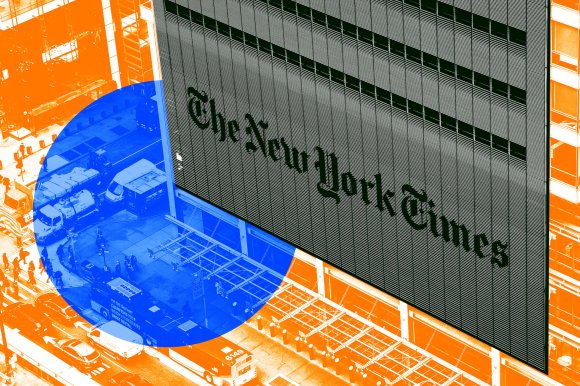 The New York Times building facade with its distinctive large black logo on a grid-patterned wall. The image is stylized with an orange and blue color overlay, highlighting the street scene below with vehicles and pedestrians.