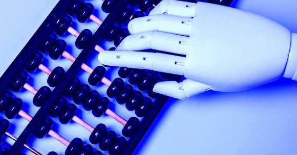 A white robotic hand is positioned over a black abacus with black beads on wooden rods, set against a light background with a blue tint.