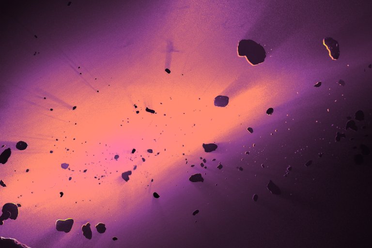 A vibrant cosmic scene featuring a glowing, bright orange and pink nebula or energy cloud at the center, surrounded by numerous dark, irregularly shaped asteroids or space debris scattered throughout a purple-hued space background. The light from the nebula casts subtle highlights on some of the nearby asteroids.