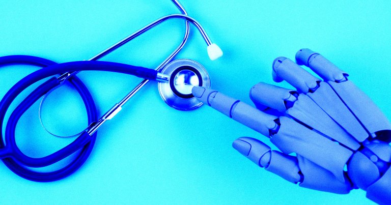 An illustration shows a robot hand reaching out to touch a stethoscope.
