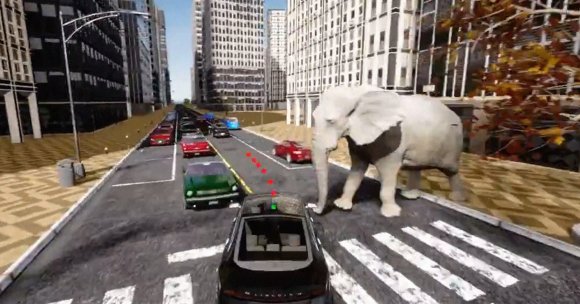 A large white elephant is standing on a city street intersection among several cars. The scene includes tall buildings on both sides of the street, with multiple vehicles lined up in traffic. The image is digitally rendered from a simulation.