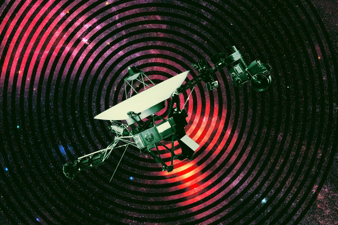 NASA's Voyager 1 is shown against a starry background with concentric circular patterns in shades of red and black. The spacecraft has various structural components, including antennas and instruments, extending from its main body. The image has a cosmic and futuristic feel.