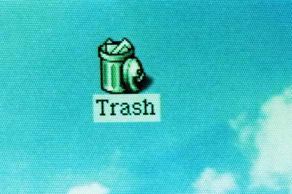 A close-up of a computer screen showing a pixelated desktop icon of a trash can with the lid leaning against it, filled with crumpled paper. Below the icon, the word "Trash" is displayed in a pixelated font on a blue background.