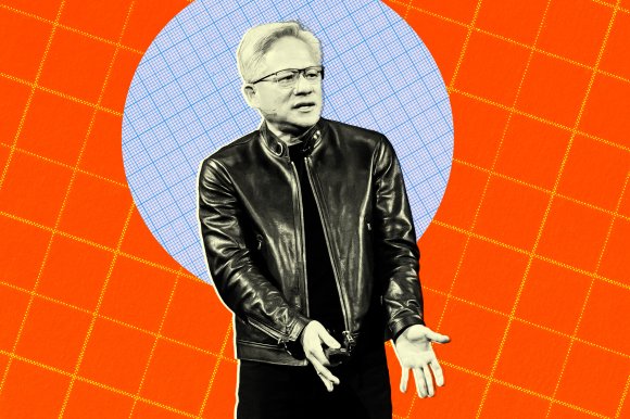 Illustration showing Nvidia CEO Jensen Huang wearing a black leather jacket and a black shirt. He is gesturing with his hands. The background features an orange grid pattern with a large blue circle behind him.