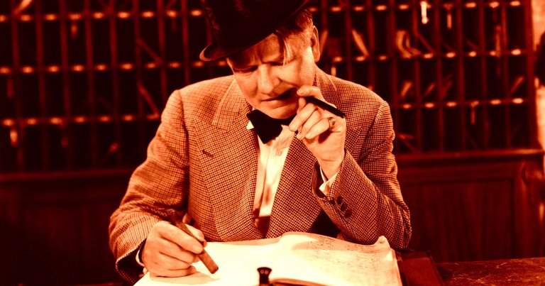 A man wearing a checkered suit jacket, white shirt, black bow tie, and a black hat is sitting at a desk, holding a cigar in one hand and a pen in the other. He appears to be concentrating on writing or reviewing a large document or ledger in front of him. The background features a wooden structure with cubbyholes or mail slots. The image has a warm, reddish-orange tint.