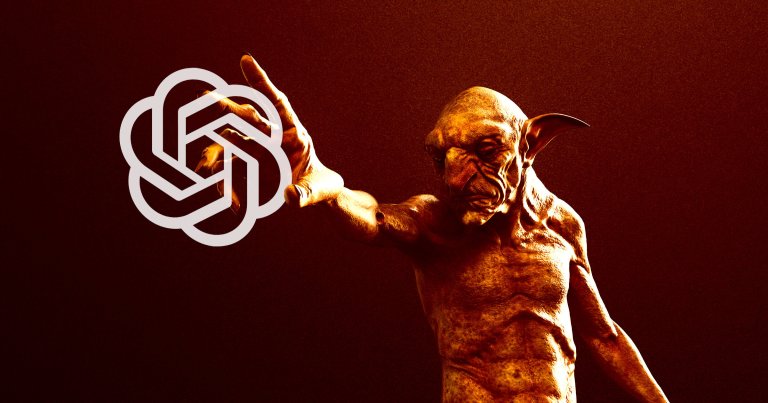 A detailed, muscular goblin-like creature with pointed ears and a wrinkled face is reaching out with its right hand. The creature is illuminated with a warm, orange light against a dark red background. The OpenAI logo is superimposed near the creature's outstretched hand.