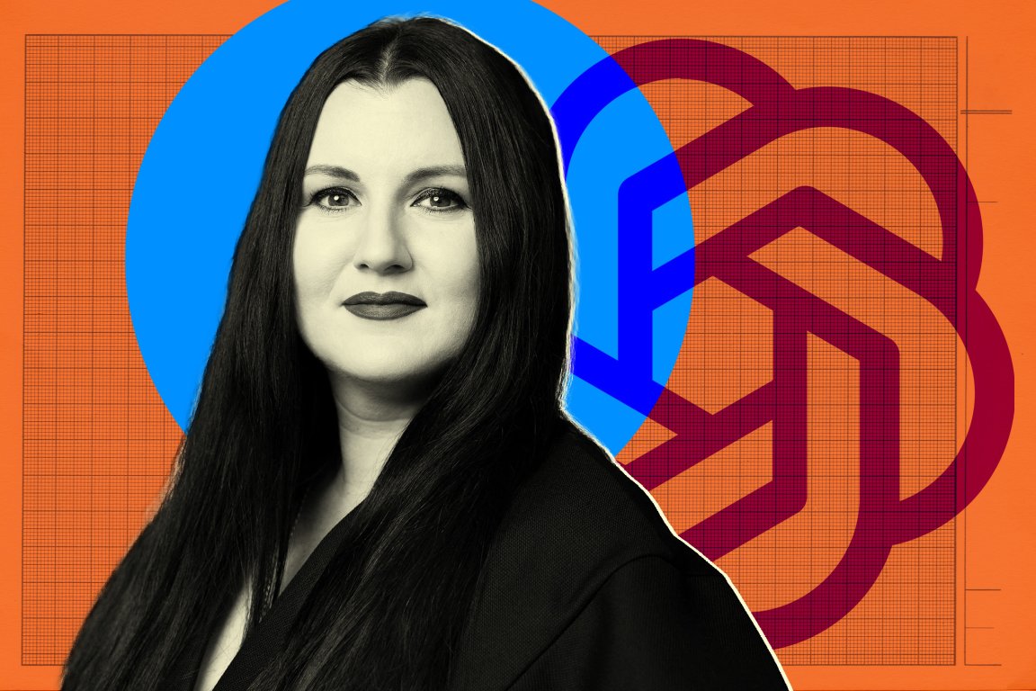 A black-and-white portrait of OpenAI CEO of AGI Fidji Simo. The background features the OpenAI logo.