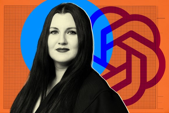 A black-and-white portrait of OpenAI CEO of AGI Fidji Simo. The background features the OpenAI logo.