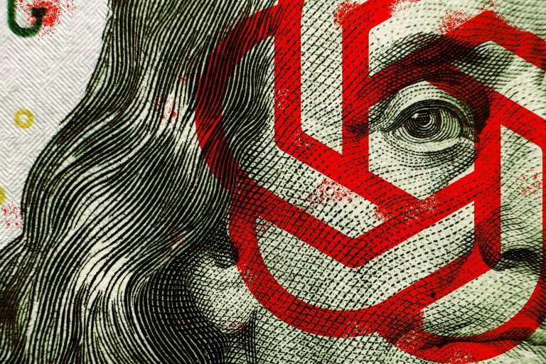 Close-up of a portion of a US dollar bill featuring detailed line art of Benjamin Franklin's face, overlaid with the OpenAI logo.