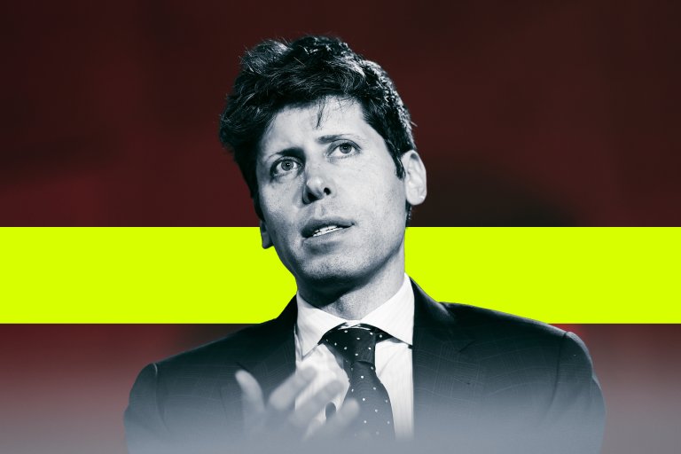 An image of Sam Altman wearing a dark suit, white shirt, and polka dot tie and speaking or gesturing with his hand. The image is in black and white with a bright yellow horizontal stripe across the background. The background behind the stripe is a dark reddish color.