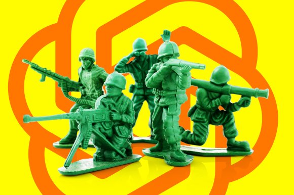 Five green plastic toy soldiers in various combat poses, set against a bright yellow background featuring the OpenAI logo. The soldiers are equipped with different weapons, including rifles, a machine gun, and a bazooka.