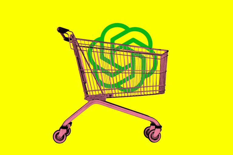 Shopping cart with a pink tint on a bright yellow background, featuring the OpenAI logo inside it.