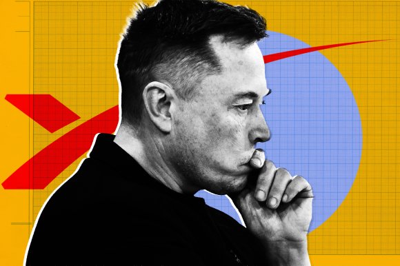 Elon Musk is shown superimposed on the SpaceX logo.