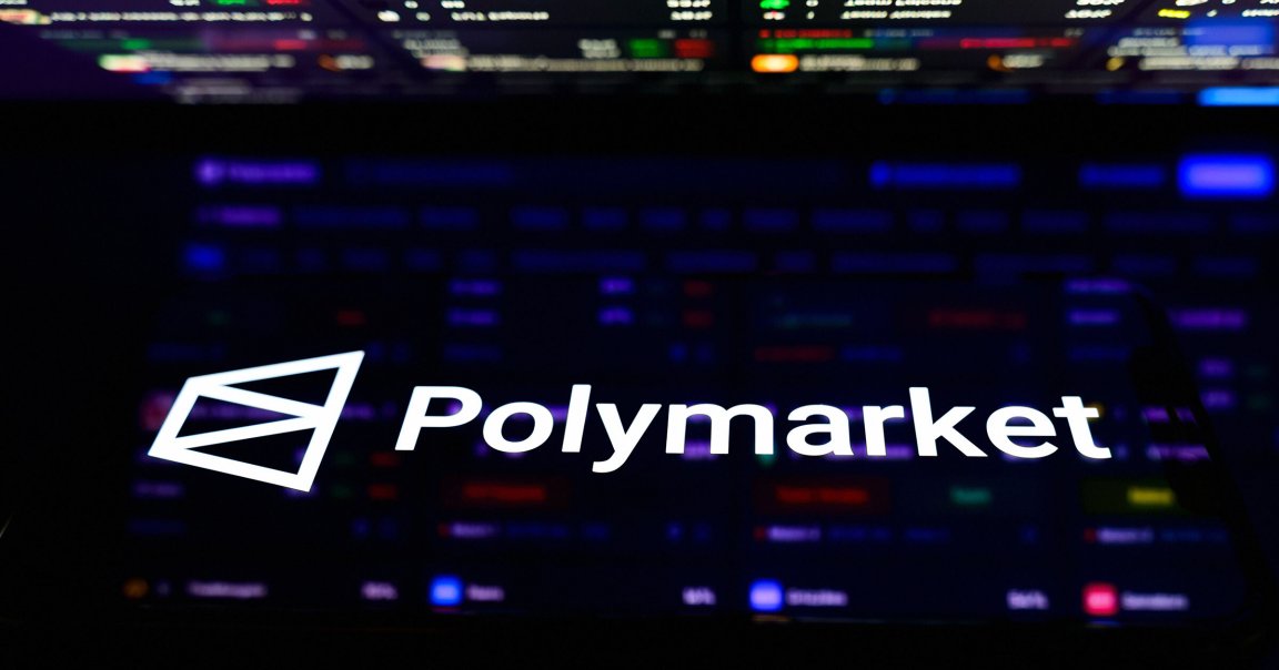 The Polymarket logo displayed prominently in white text with a geometric icon on a dark background featuring blurred colorful data or interface elements.