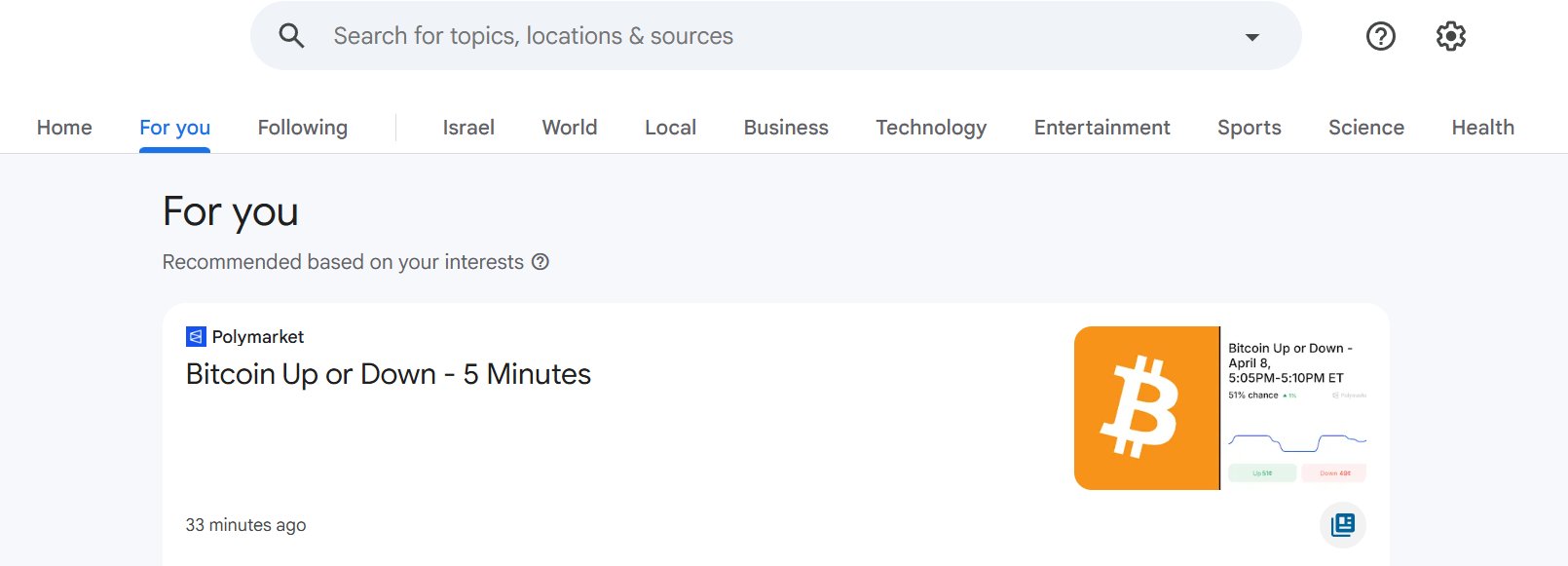 Screenshot of Google News showing that the very first item on the "For You" page is a link to a Polymarket bet titled "Bitcoin Up or Down - 5 Minutes."