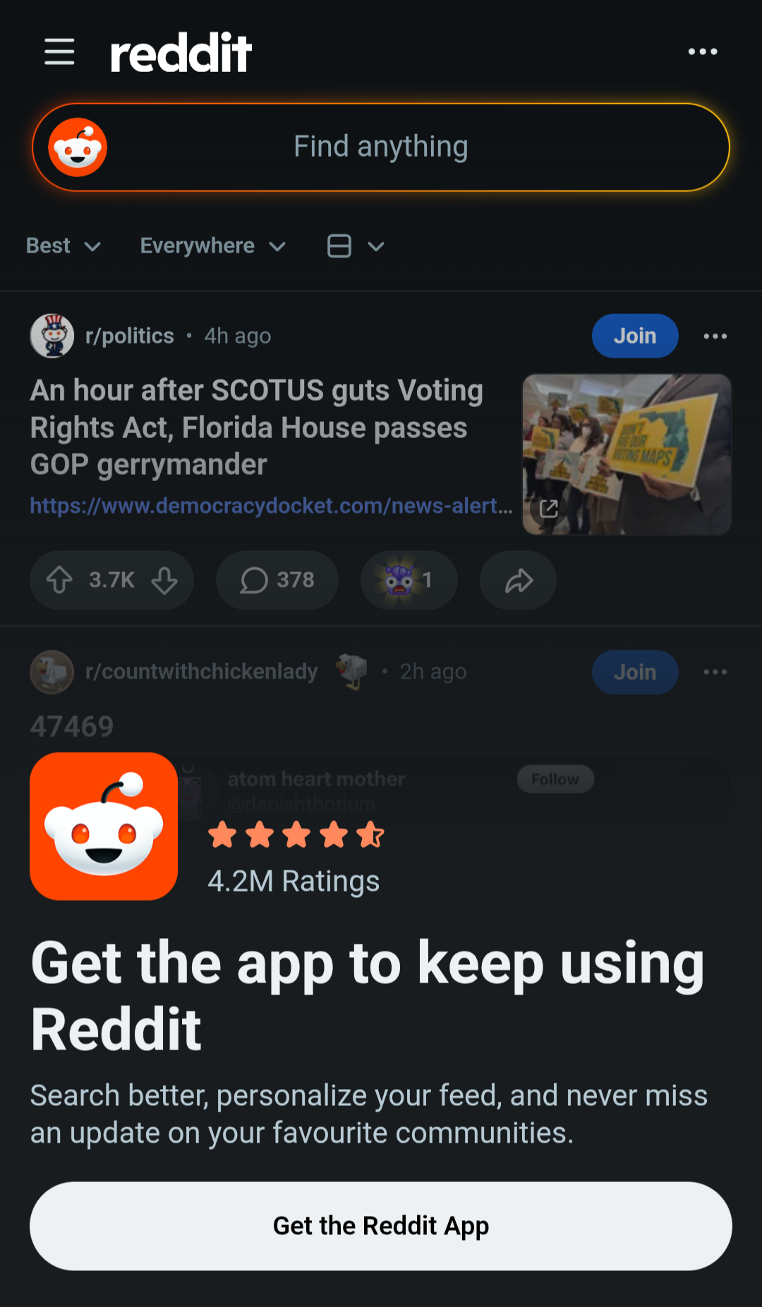 Reddit mobile interface showing a post from r/politics titled "An hour after SCOTUS guts Voting Rights Act, Florida House passes GOP gerrymander" with 3.7K upvotes and 378 comments. Below is a popup telling users to get the Reddit app, keeping the user from clicking any links or doing anything else.