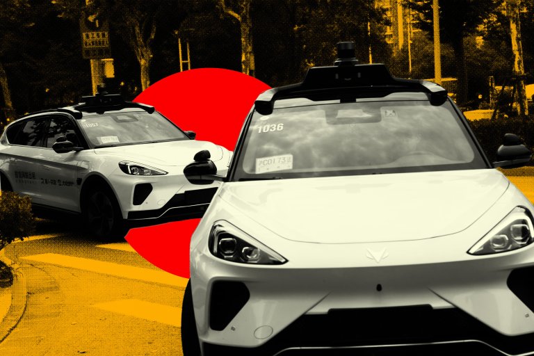 Two white autonomous vehicles equipped with rooftop sensors are shown on a street with a stylized background featuring a large red circle and yellow-tinted trees and road. The cars have sleek, modern designs with prominent headlights and black accents.