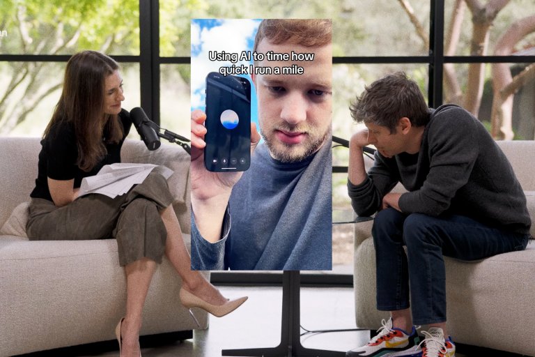 Sam Altman is shown at an interview being shown a video of a ChatGPT glitch.