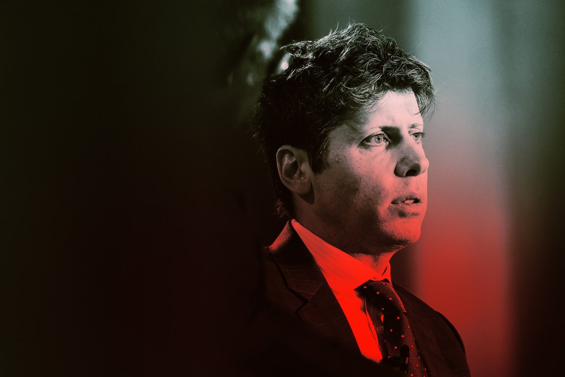 Side profile of OpenAI CEO Sam Altman, illuminated with red and green lighting against a dark background.
