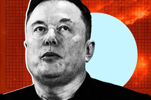 Close-up black and white portrait of a Elon Musk with a serious expression, set against a vibrant red background with a grid pattern and a large light blue circle behind his head.