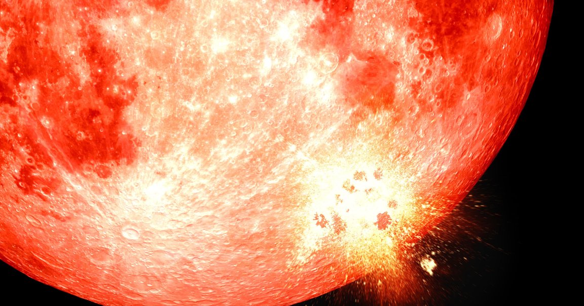 A close-up view of a red-tinted moon with a bright, fiery explosion occurring on its surface, emitting sparks and debris against a black background. The moon's craters and surface details are visible through the intense red coloration.