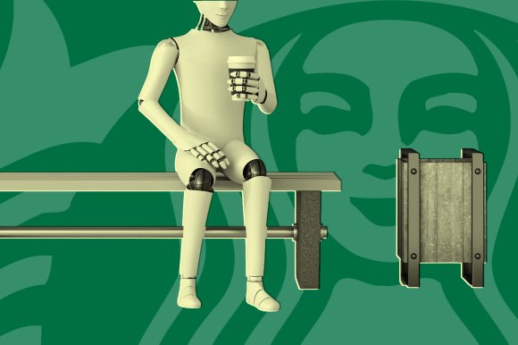 A humanoid robot is sitting on a bench holding a takeaway coffee cup. The background features the large, stylized green face from the Starbucks logo. There is also a metallic trash bin next to the bench.