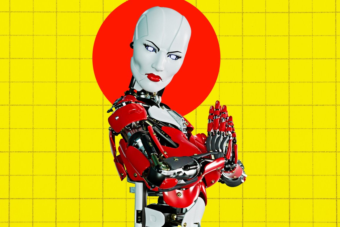 A humanoid robot with a white face, red lips, and blue eyes is shown in a praying or meditative pose with hands together. The robot's body is primarily red with black and metallic mechanical components. The background features a bright yellow grid pattern with a large red circle behind the robot's head.