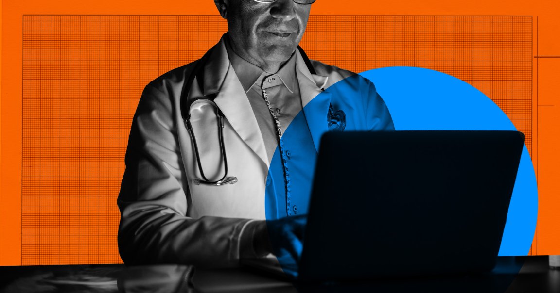 A doctor wearing a white coat and stethoscope is working on a laptop. The image has a black-and-white filter on the doctor, contrasted with a bright orange background featuring a grid pattern and a large blue circle partially overlaying the doctor and laptop.
