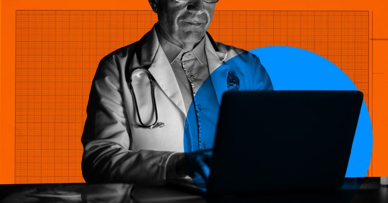 A doctor wearing a white coat and stethoscope is working on a laptop. The image has a black-and-white filter on the doctor, contrasted with a bright orange background featuring a grid pattern and a large blue circle partially overlaying the doctor and laptop.