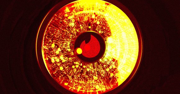 A close-up of a circular object resembling an eye with the Tinder logo at the center. The iris area contains intricate circuit-like patterns, and the overall design combines elements of technology and fire.