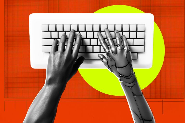 A human hand and a robotic hand are positioned over a white keyboard. The background features a bright orange grid pattern with a large yellow circle behind the keyboard. The image highlights the contrast between human and artificial intelligence working together.