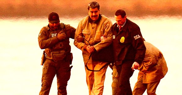 Nicolás Maduro is shown being escorted by two officers wearing DEA jackets, one on each side holding his arms. The scene is set against a bright, orange-tinted backdrop.