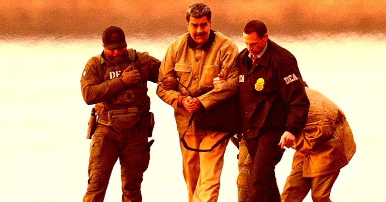 Nicolás Maduro is shown being escorted by two officers wearing DEA jackets, one on each side holding his arms. The scene is set against a bright, orange-tinted backdrop.