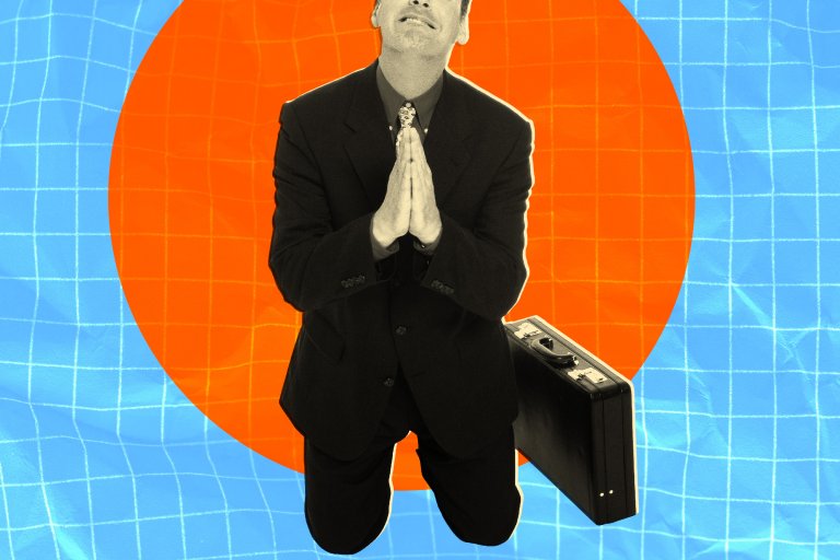 A man in a black suit kneeling with hands pressed together in a pleading gesture, holding a black briefcase. The background features a large orange circle over a blue grid pattern.