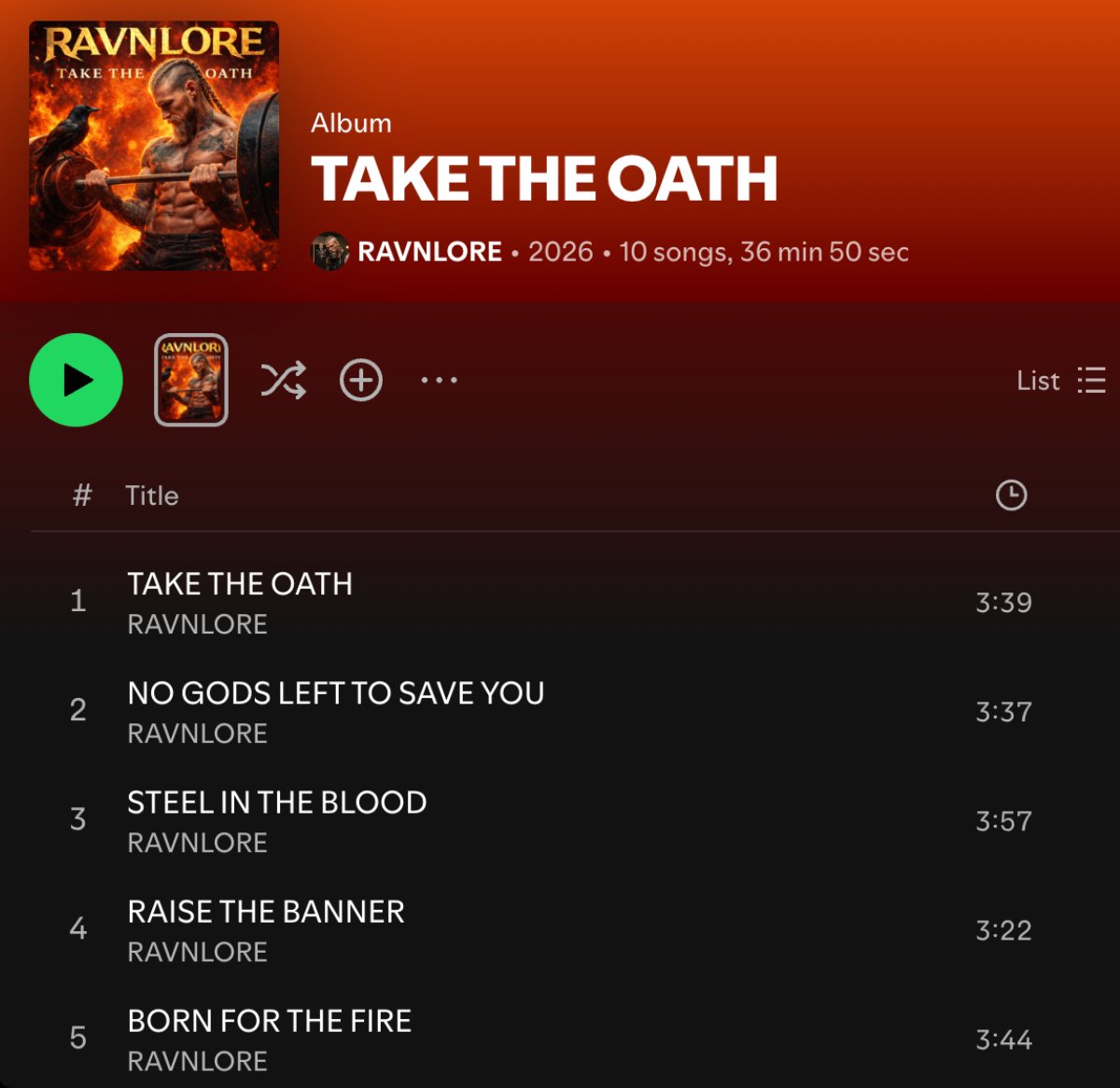 A screenshot of a Spotify page for the AI-generated artist 'Ravnlore.'
