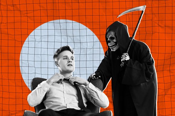 A man in a white shirt and black tie sits in a chair, adjusting his tie with a concerned expression. Behind him stands a figure dressed as the Grim Reaper, wearing a black hooded cloak and a skeletal mask, holding a large scythe. The background features an orange grid pattern with a large light blue circle behind the man.