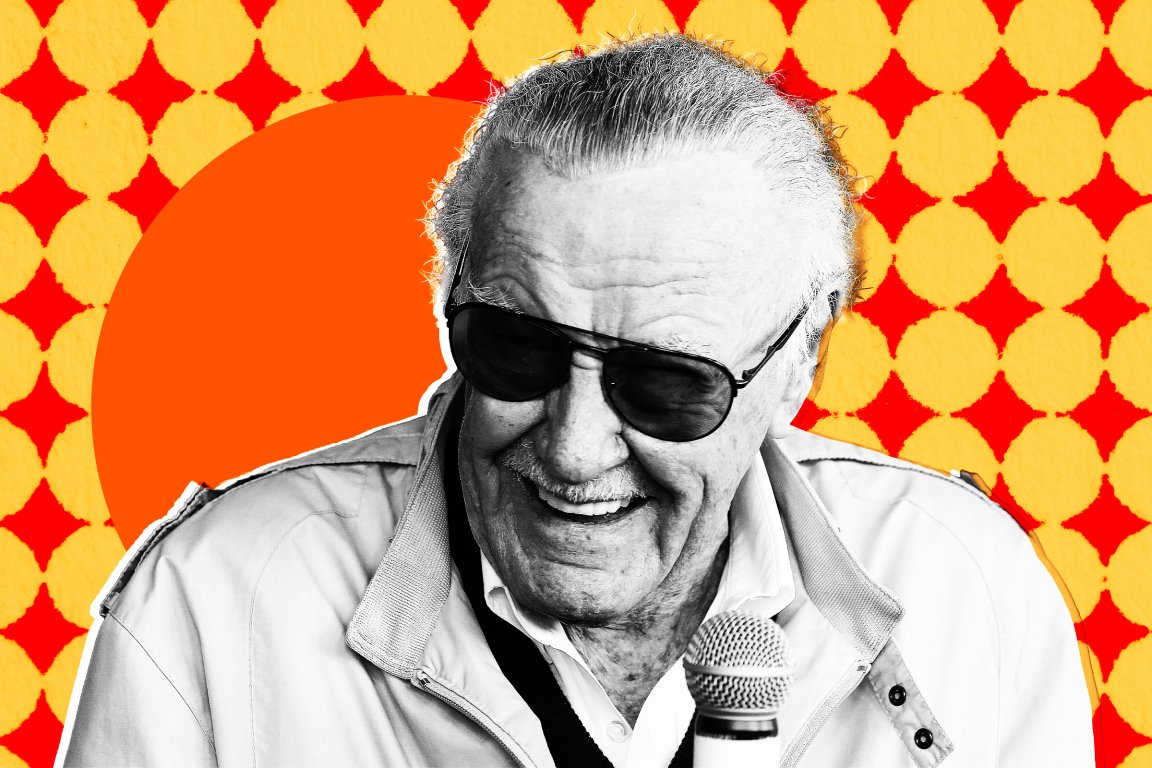 A black and white photograph of Stan Lee cut out and color treated in an off-set screenprint style against a patterned background of red and yellow.