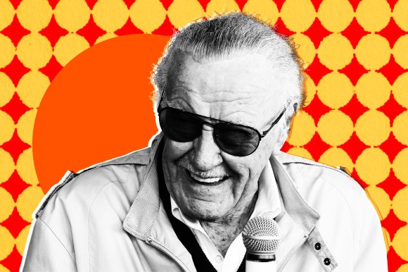 A black and white photograph of Stan Lee cut out and color treated in an off-set screenprint style against a patterned background of red and yellow.