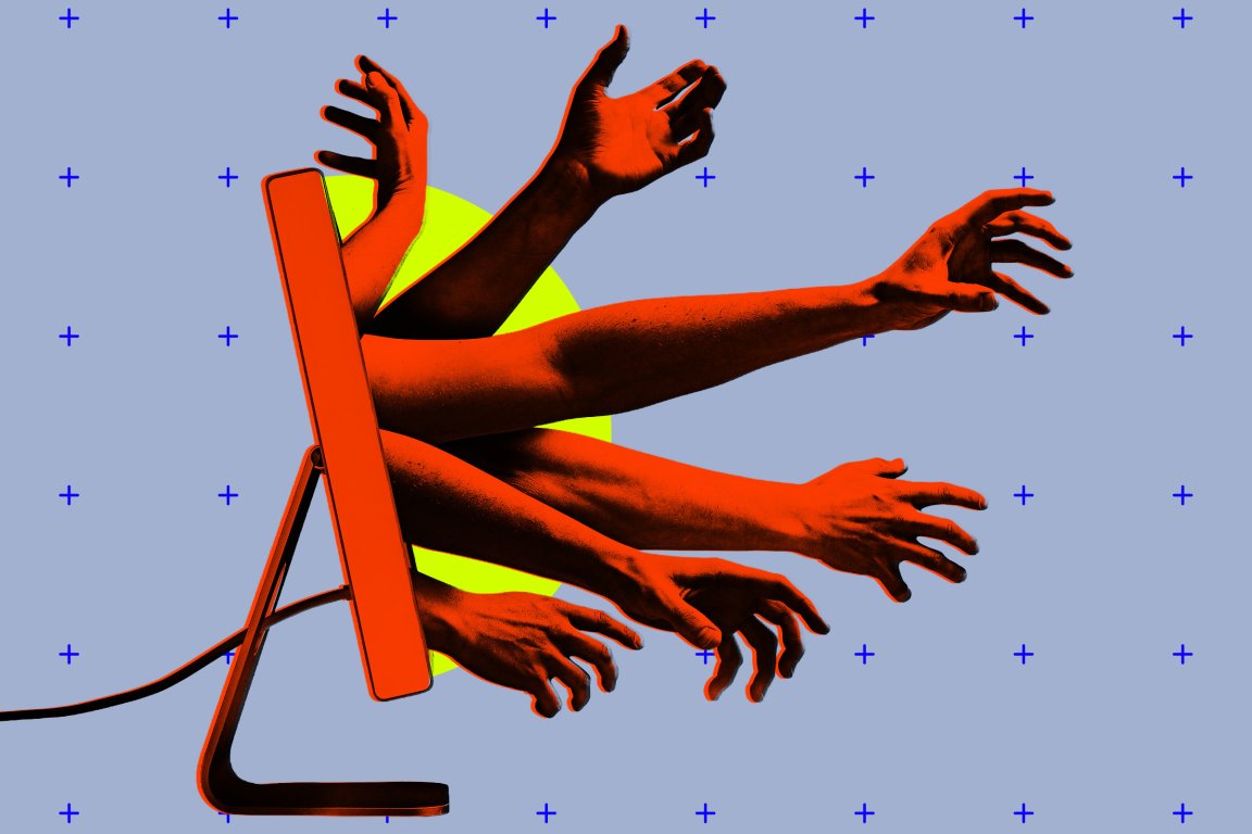 A digital illustration of a computer monitor with multiple red-orange human arms extending outward from the screen. The background is light blue with small blue plus signs scattered throughout and a bright yellow circle partially behind the monitor. The arms are reaching out in various directions, creating a surreal and dynamic effect.