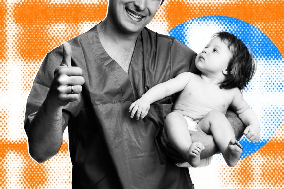 A smiling man wearing medical scrubs holds a baby in a diaper. The man is giving a thumbs-up gesture. The background features a halftone pattern with orange and blue colors.