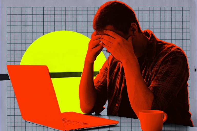 A person sitting at a desk with a laptop and a coffee cup, holding their head in their hands in a gesture of stress or frustration. The image has a stylized color effect with the person and laptop in bright orange, a large yellow circle in the background, and a grid pattern behind them.